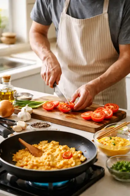 男人準備製作蕃茄炒蛋