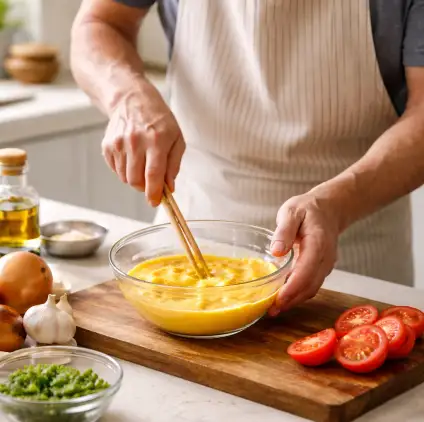 男人準備製作蕃茄炒蛋