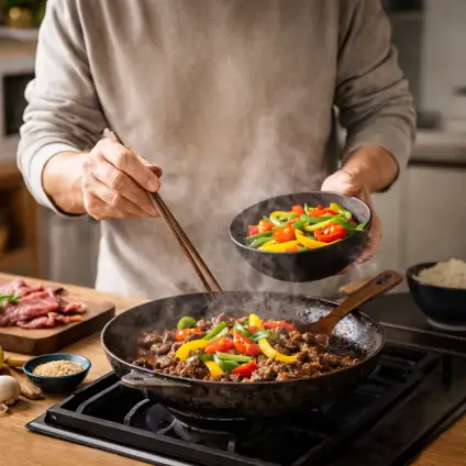 男人烹飪彩椒炒牛肉